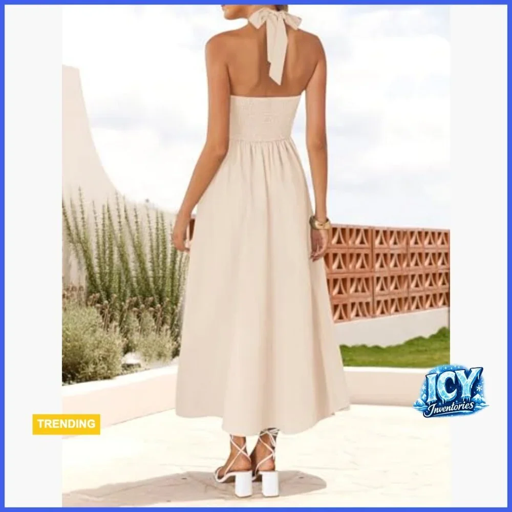 Sleeveless Halter Midi Dress Off Shoulder High Waist Flowy Beach Wedding Guest